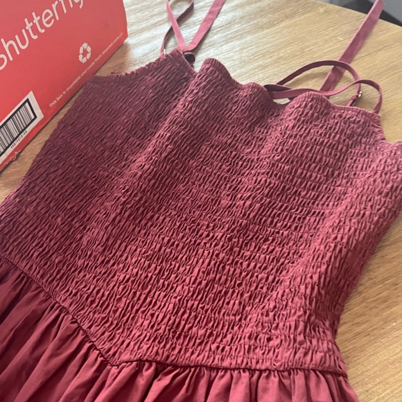 Lush Smocked Cotton Basque Waist Midi Sundress Size S Burgundy - Picture 3 of 8